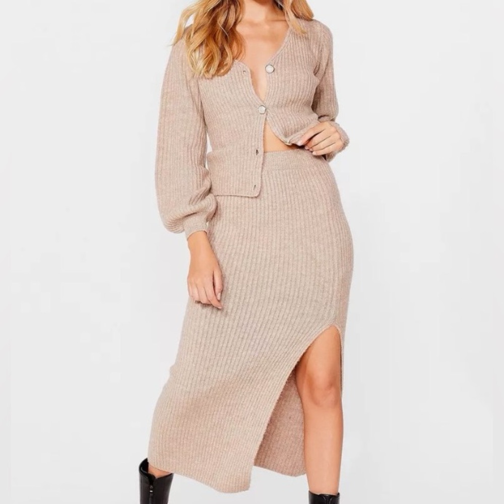 Cream Knitted Cardigan and Midi Skirt Set - Soft and Fuzzy